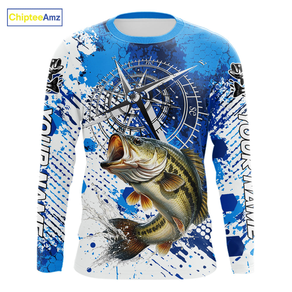 Blue Camo Custom Largemouth Bass Compass Long Sleeve Tournament Fishing Shirts NHT527