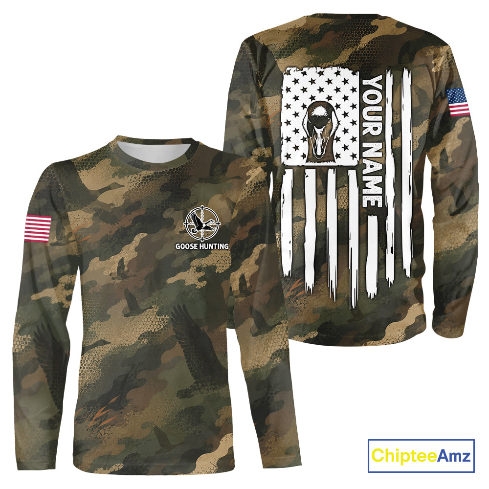 Personalized Goose Hunting Camo American Flag Waterfowl Hunter Custom Name Gift NHT1362