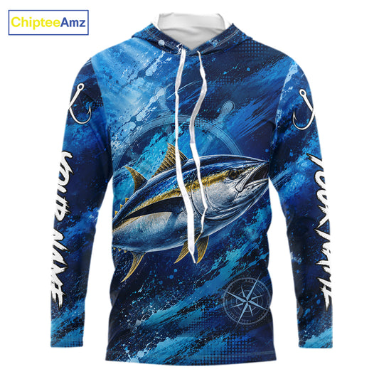 Custom Tuna Fishing Jersey long sleeve hooded shirt with bold tuna graphic and performance fit.