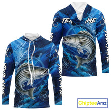 Load image into Gallery viewer, Back view of custom striped bass hooded fishing shirt made from lightweight polyester with UPF 30+ sun protection.