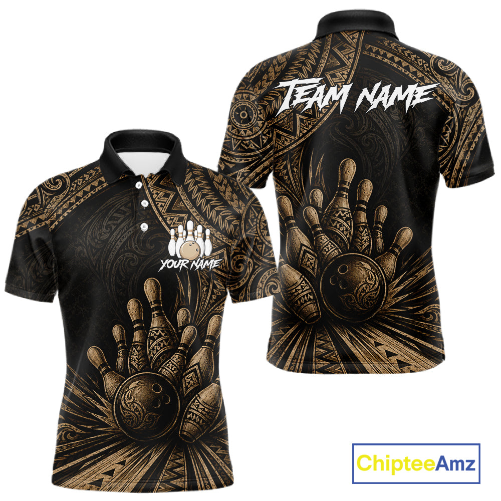 A black short-sleeve polo shirt with a gold tribal-inspired bowling graphic, shown from both front and back. The front features a bowling pin and ball design with the text 'YOUR NAME', and the back has a large bowling hand and ball graphic with 'TEAM NAME' across the shoulders.