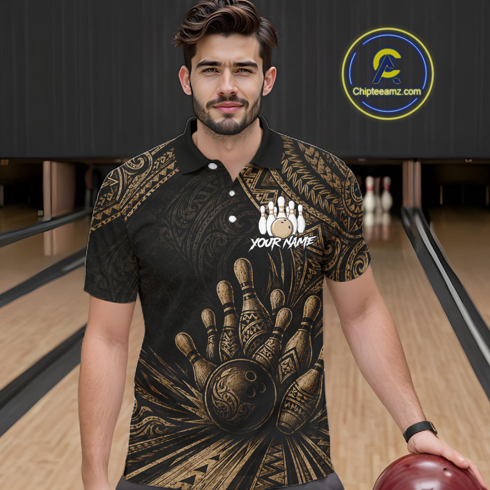 A man wearing a black and gold bowling-themed polo shirt with a graphic of a bowling hand and ball, standing in a bowling alley. A logo for 'Chipteeamz
