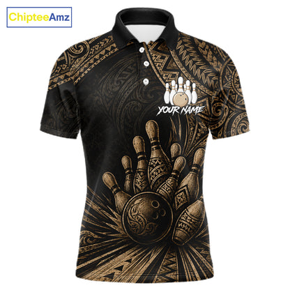 A black short-sleeve polo shirt with a detailed gold and brown bowling-themed graphic print, featuring bowling pins, a bowling ball, and a white 'YOUR NAME' placeholder on the chest. The brand name 'ChipteeAmz' is visible in the top left corner.