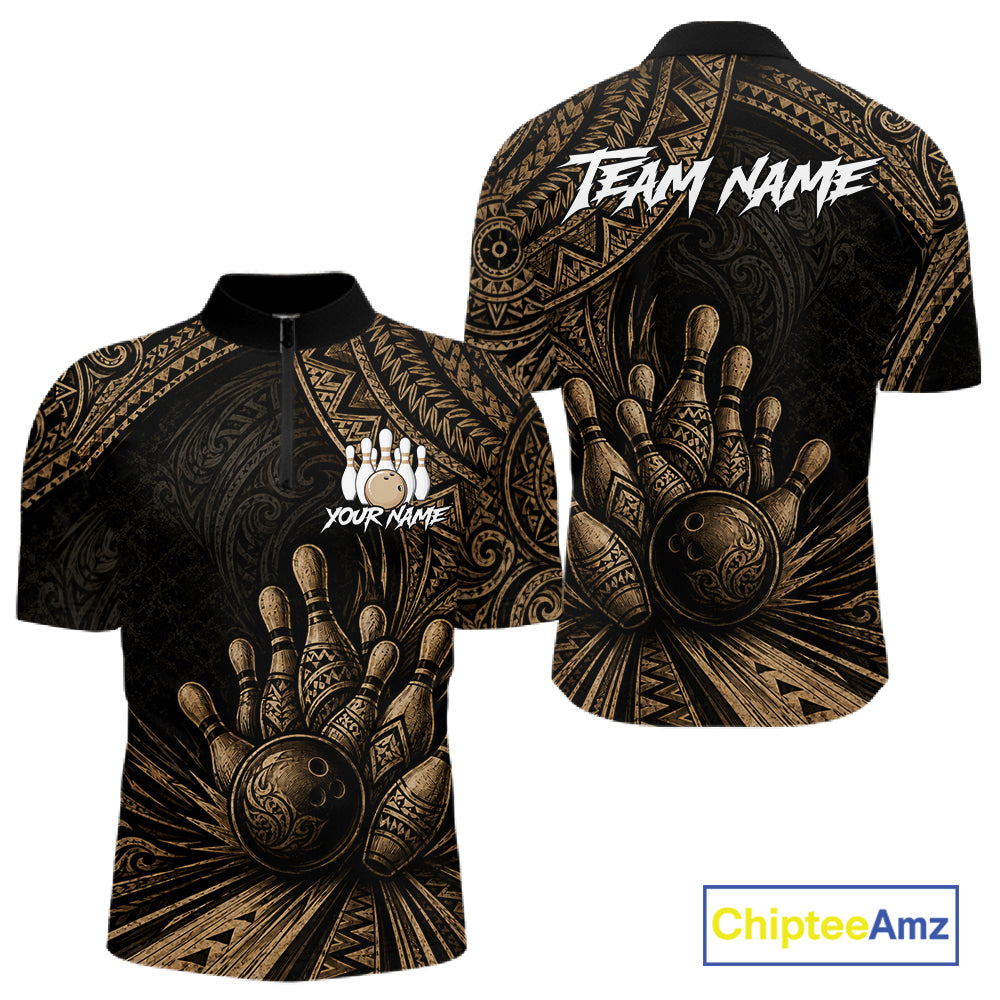 A short-sleeve quarter-zip performance shirt shown from both front and back, featuring a black base with an all-over gold tribal-inspired bowling graphic and customizable white text placeholders. A 'ChipteeAmz' logo is visible in the bottom right corner.