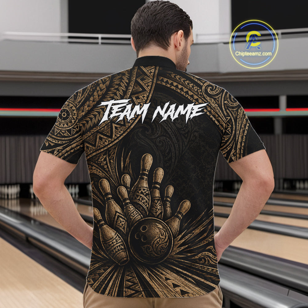 Custom Bowling League Shirt, Personalized Bowling Team Polo, Polynesian Tribal Bowling For Men|Brown NHT1232