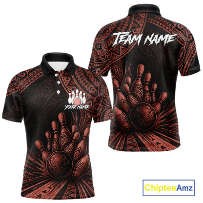 Custom short-sleeve polo shirt with a black and dark red tribal hand graphic featuring bowling pins and balls, shown in front and back views on a white background with a ChipteeAmz logo.