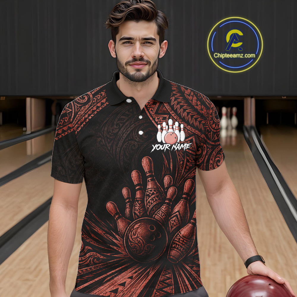 A man wearing a black and dark red bowling-themed short-sleeve polo shirt with a graphic of bowling pins and balls, standing in a bowling alley holding a bowling ball. A circular 'Chipteeamz.