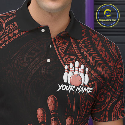 A close-up of a man wearing a black short-sleeve polo shirt with a red tribal pattern and a bowling-themed graphic on the chest featuring bowling pins, a bowling ball, and the text 'YOUR NAME'.