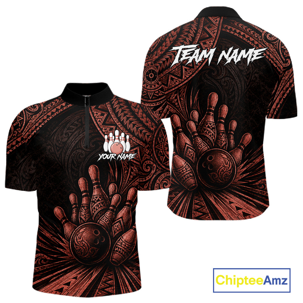 Front and back views of a short-sleeve quarter-zip polo shirt with a black and dark red tribal-style bowling graphic, featuring customizable text placeholders 'YOUR NAME' and 'TEAM NAME'.