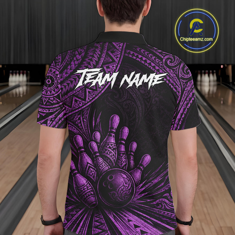 A man viewed from behind wearing a black short-sleeve bowling t-shirt with a purple tribal pattern and a bowling hand graphic. The shirt features the text 'TEAM NAME' across the upper back.