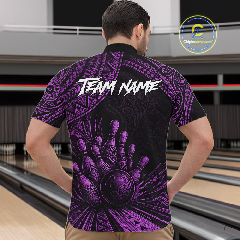 A man viewed from behind wearing a short-sleeve bowling shirt with a black and purple tribal-style bowling hand and ball graphic, plus the text 'TEAM NAME' across the upper back. Bowling lanes are visible in the background, and a 'Chipteeamz
