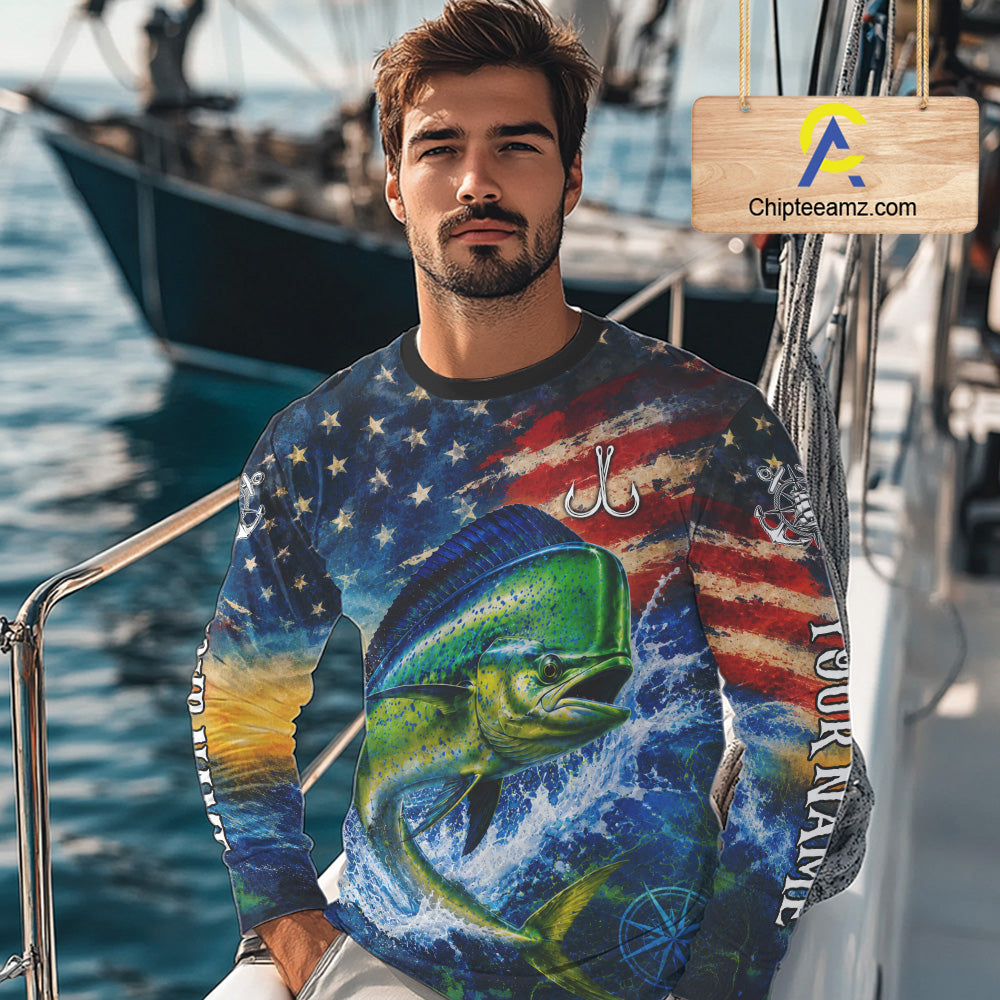 Mahi Mahi Fishing Shirt American Flag 3D All Over Print Long Sleeve Performance Apparel For Men NHT1087