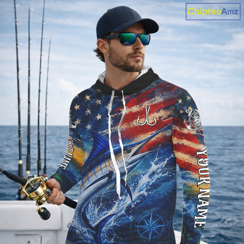 Marlin Fishing Shirt American Flag 3D All Over Print Long Sleeve Hooded Performance Apparel For Men NHT1088