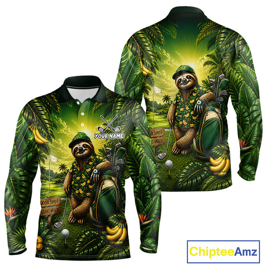 Custom Green Funny Sloth Tropical Mens Golf Polo Shirts, Golf Tournament Jersey For Men NHT927