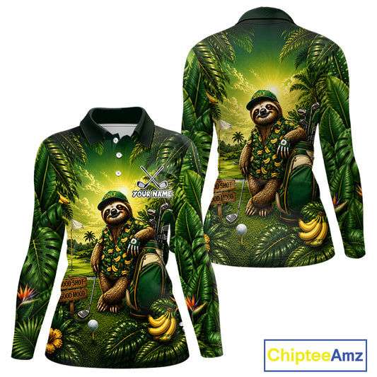 Custom Green Funny Sloth Tropical Womens Golf Polo Shirts, Golf Team Jersey For Women NHT927