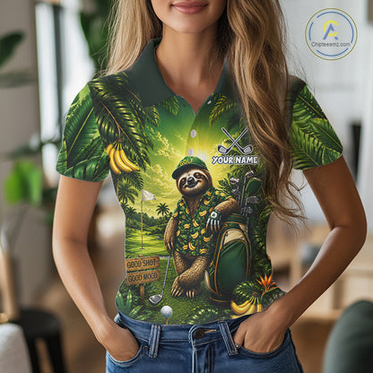 Custom Green Funny Sloth Tropical Womens Golf Polo Shirts, Golf Team Jersey For Women NHT927