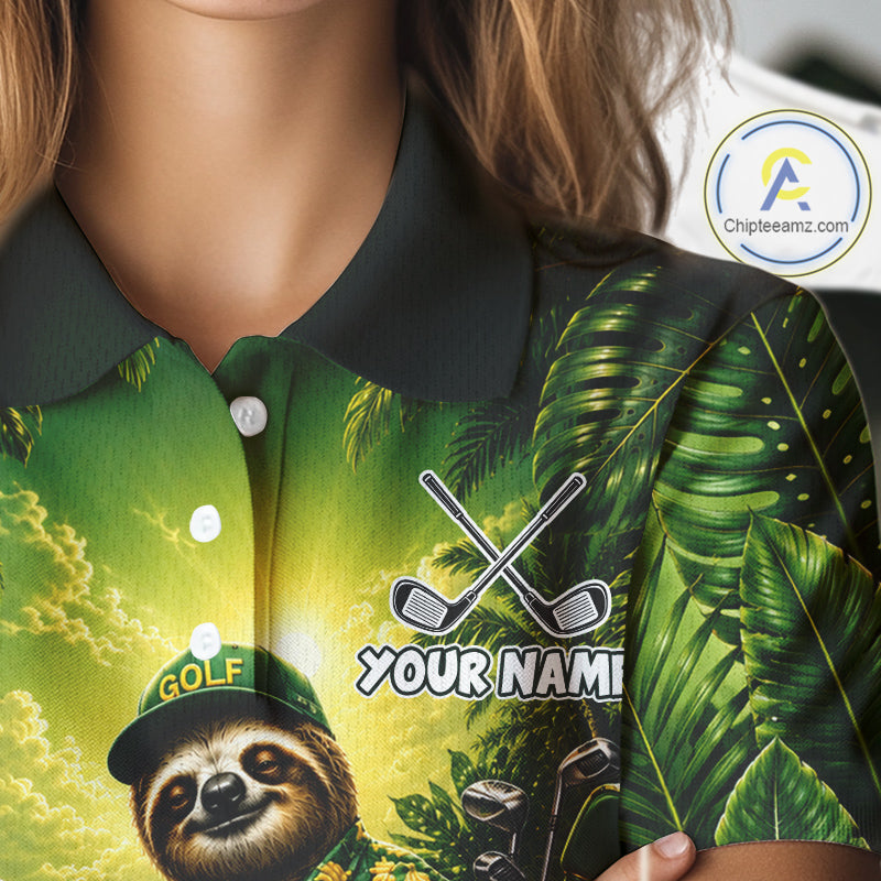 Custom Green Funny Sloth Tropical Womens Golf Polo Shirts, Golf Team Jersey For Women NHT927