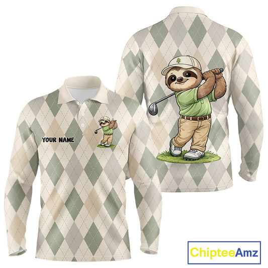 Personalized Sloth Golfer Polo Shirt Funny Golf Argyle Pattern Custom Name Golf Lover Gift 