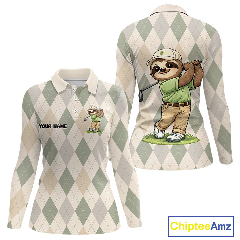 Personalized Sloth Golfer Polo Shirt Funny Golf Argyle Pattern Custom Name Golf Lover Gift for Womens 