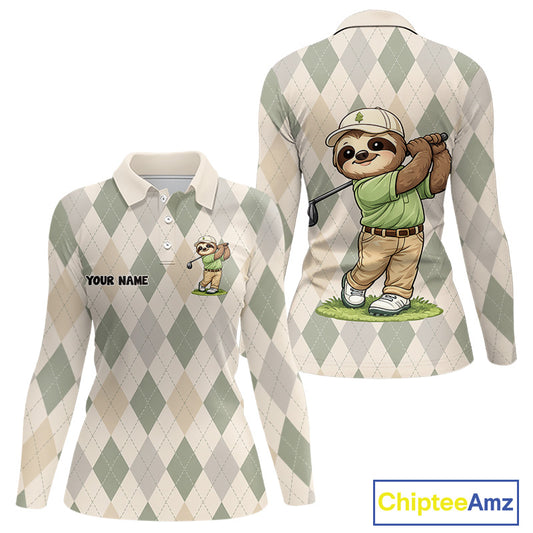 Personalized Sloth Golfer Polo Shirt Funny Golf Argyle Pattern Custom Name Golf Lover Gift for Womens 