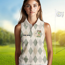 Load image into Gallery viewer, Personalized Sloth Womens Sleeveless Golf Polo Shirt Funny Golf Argyle Pattern Custom Name Golf Lover Gift