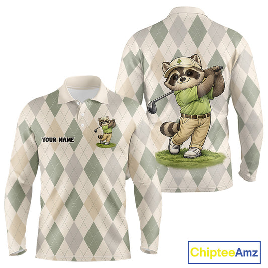 Personalized Raccoon Golfer Polo Shirt Funny Golf Argyle Pattern Custom Name Golf Lover Gift 