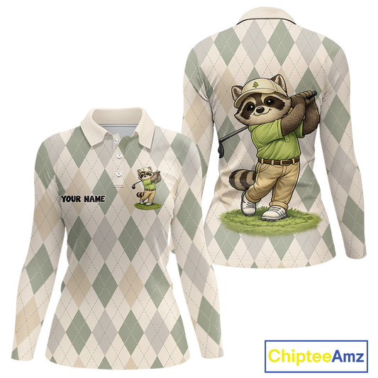 Personalized Raccoon Golfer Polo Shirt Funny Golf Argyle Pattern Custom Name Golf Lover Gift for Womens 