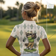 Load image into Gallery viewer, Personalized Raccoon Golfer Polo Shirt Funny Golf Argyle Pattern Custom Name Golf Lover Gift for Womens 