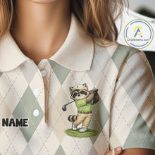Load image into Gallery viewer, Personalized Raccoon Golfer Polo Shirt Funny Golf Argyle Pattern Custom Name Golf Lover Gift for Womens NHT1096