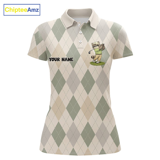 Personalized Raccoon Golfer Polo Shirt Funny Golf Argyle Pattern Custom Name Golf Lover Gift for Womens 