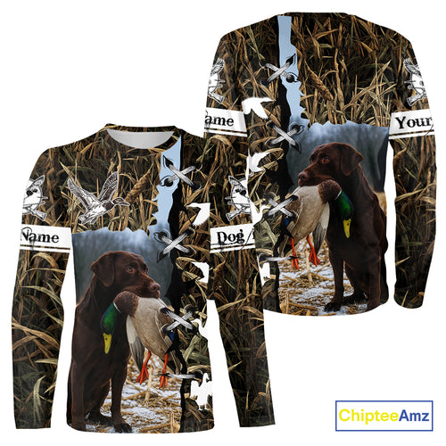 Brown Camo Duck Hunting With Chocolate Lab Dog 3D All Over Printed Shirts, Dog Hunting Clothes NHT143