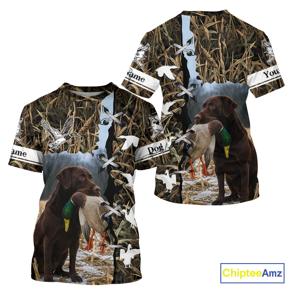 Brown Camo Duck Hunting With Chocolate Lab Dog 3D All Over Printed Shirts, Dog Hunting Clothes NHT143