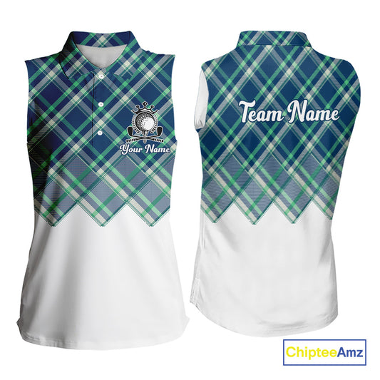 White Blue Argyle Pattern Womens Golf Shirt Golf & Custom Name Womens Golf Polo Shirt NHT558