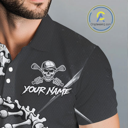 Custom Black Grey Mens Golf Polo Shirt DNA Skull Design, Personalized Name Golf Shirt, Golf Team Shirt NHT793