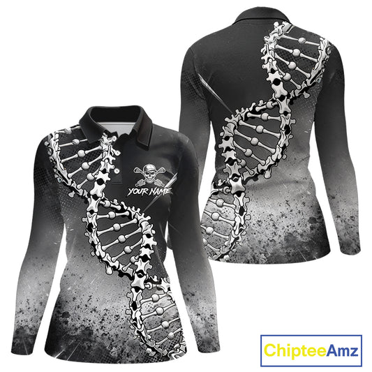 Custom Black Grey Womens Golf Polo Shirt DNA Skull Design, Personalized Name Golf Shirt, Golf Team Shirt NHT793