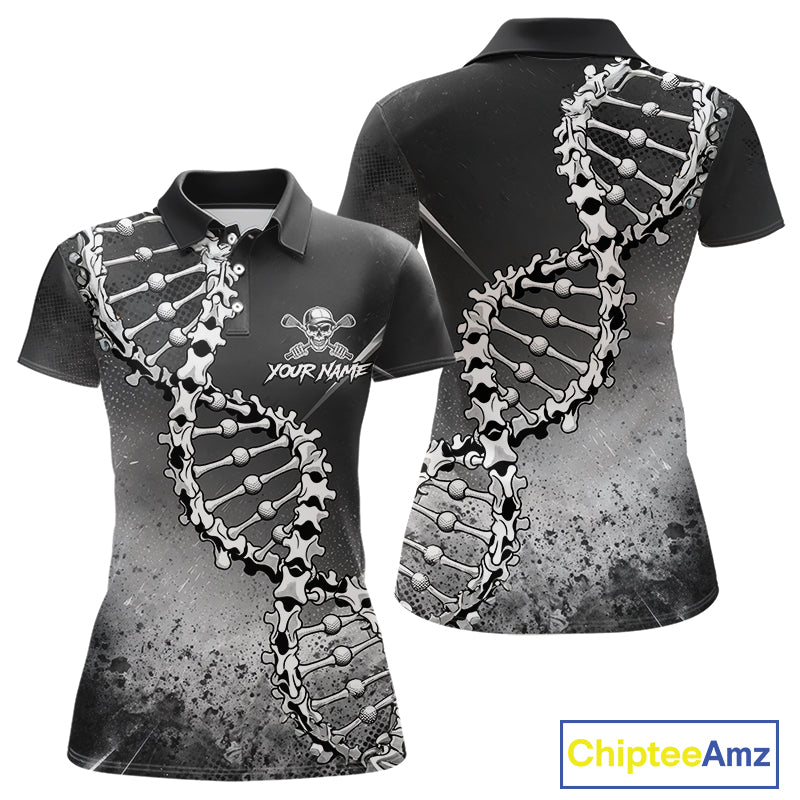 Custom Black Grey Womens Golf Polo Shirt DNA Skull Design, Personalized Name Golf Shirt, Golf Team Shirt NHT793