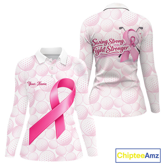 Swing Strong Fight Stronger Pink Ribbon Custom Breast Cancer Ladies Golf Polo Shirt NHT796