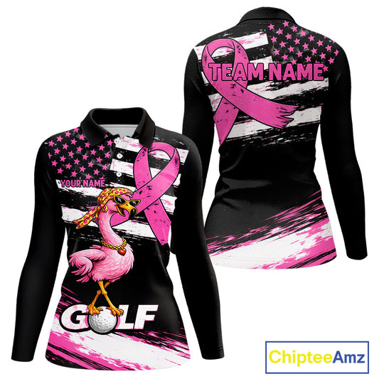 Pink Ribbon American Flag Flamingo Funny Women Golf Polo Shirts Custom Breast Cancer Awareness NHT798