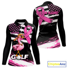 Load image into Gallery viewer, Pink Ribbon American Flag Flamingo Funny Women Golf Polo Shirts Custom Breast Cancer Awareness NHT798