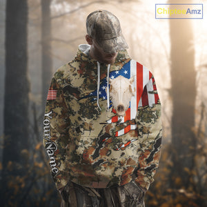 Boar Hunting Shirt Camo Custom Name American Flag Skull Hunting Clothes For Hunters NHT159