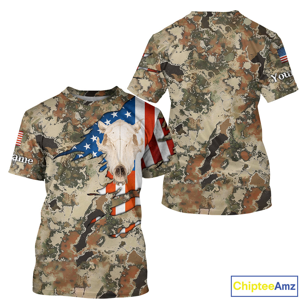 Boar Hunting Shirt Camo Custom Name American Flag Skull Hunting Clothes For Hunters NHT159