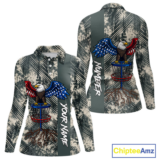 Disc Golf Polo Shirt With Patriotic Eagle Design, Customizable Name, Unisex Sports Jersey For Womens NHT806
