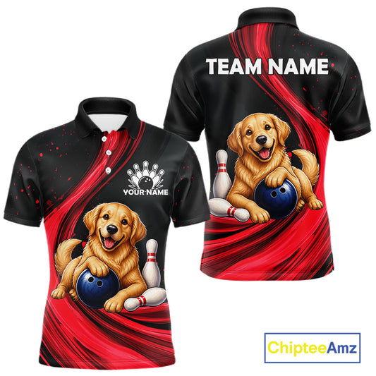 Front and back views of a custom short-sleeve polo shirt featuring a golden retriever puppy holding a bowling ball, set against a red and black swirled background. The front includes a white collar, buttons, and customizable text 'YOUR NAME' and bowling pins.
