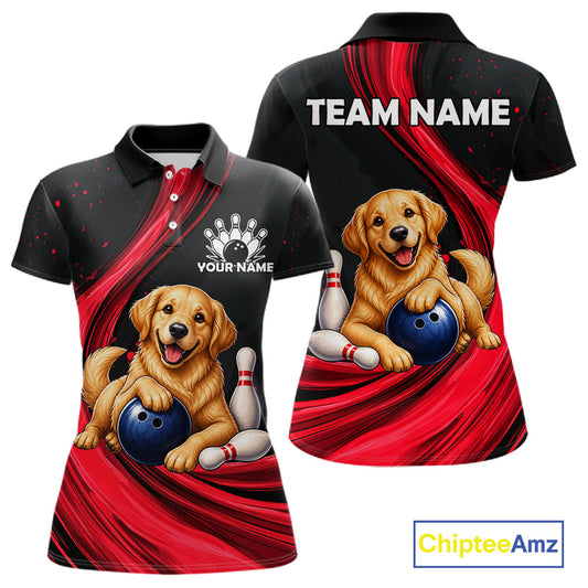Custom short-sleeve polo shirt shown from front and back on a white background. The shirt has a black upper section with red graphic swirls and a large illustrated golden retriever holding a blue bowling ball, plus white bowling pins.
