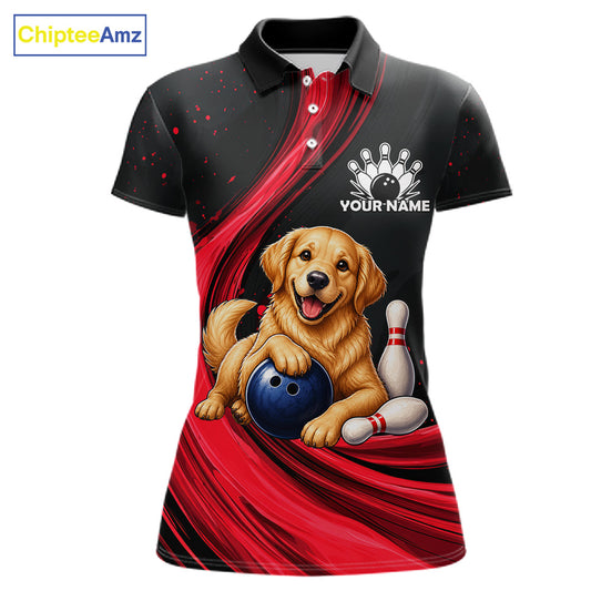 A short-sleeve polo shirt with a custom graphic print of a golden retriever dog bowling with a blue bowling ball, set against a red and black swirled background. The shirt features a black collar, white buttons, a white bowling pin graphic, and the text 'YOUR NAME' with a paw print logo on the left chest.