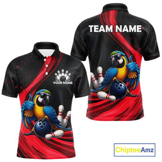 Front and back views of a black short-sleeve polo shirt with a red graphic design, featuring a blue and yellow macaw bird and bowling balls, with customizable text placeholders 'TEAM NAME' and 'YOUR NAME'.