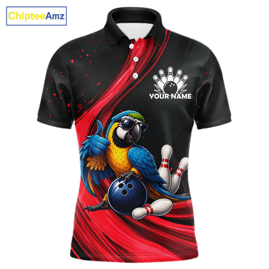 A short-sleeve black polo shirt with a red graphic design, featuring a blue and yellow macaw bird, bowling pins, a bowling ball, and the text 'YOUR NAME' on the chest. The brand name 'ChipteeAmz' is visible in the top-left corner.