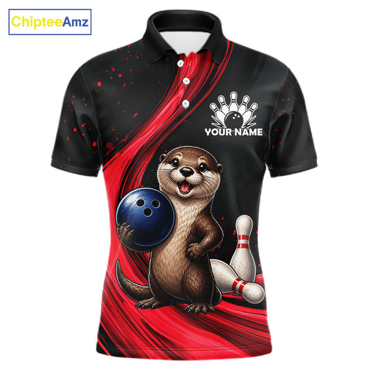 A short-sleeve black and red bowling-themed polo shirt with a cartoon otter holding a blue bowling ball and bowling pins printed on the front. The shirt has a white collar, white buttons, and a white 'YOUR NAME' bowling pin graphic on the chest.