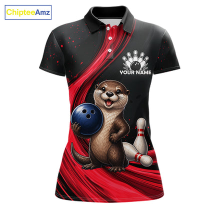 A short-sleeve polo shirt with a black and red graphic design featuring a cartoon otter holding a bowling ball next to bowling pins. The shirt has a white customizable handprint logo on the left chest that reads 'YOUR NAME'.