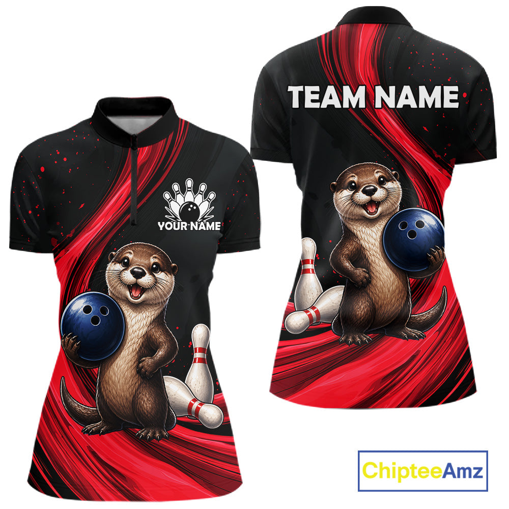 Front and back views of a black short-sleeve polo shirt with a red abstract graphic background, featuring a cartoon otter holding a bowling ball, bowling pins, and customizable text areas on the chest and back. A ChipteeAmz logo is visible in the bottom right corner.